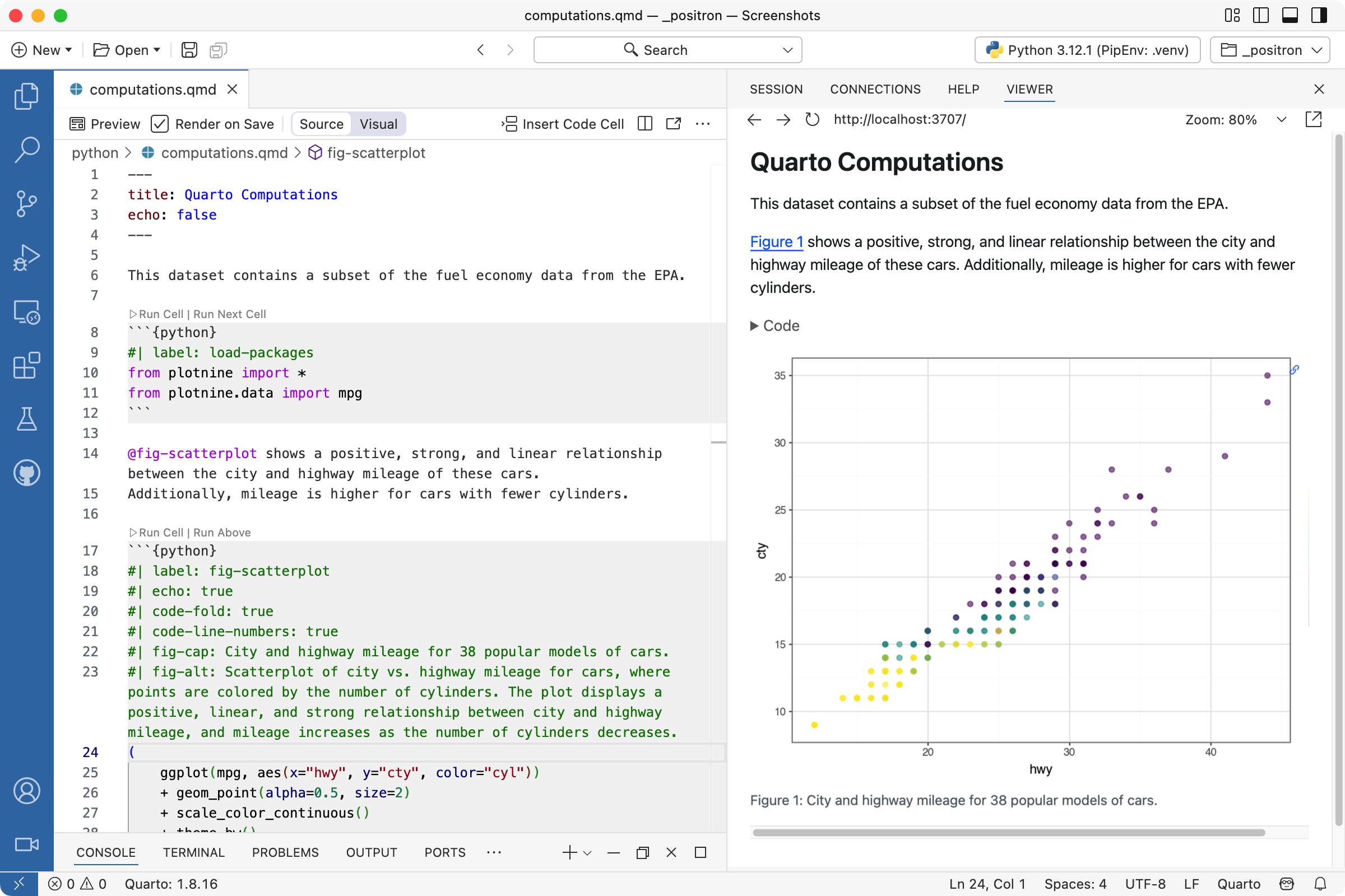 Positron with `computations.qmd` open. On the right is the Editor. Compared to earlier images on the page, the code cell shows the added fig-cap and fig-alt options. On the right is the rendered version of the document. Below the figure is a caption.