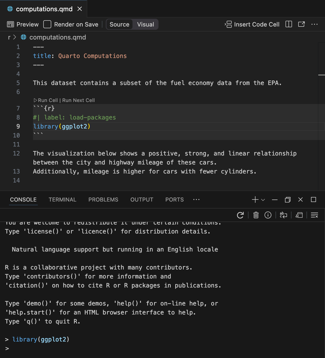 Positron with `computations.qmd` open in Editor centered on a code cell with the label `load-packages`. The Console is open, showing the output of running the code in the code cell.